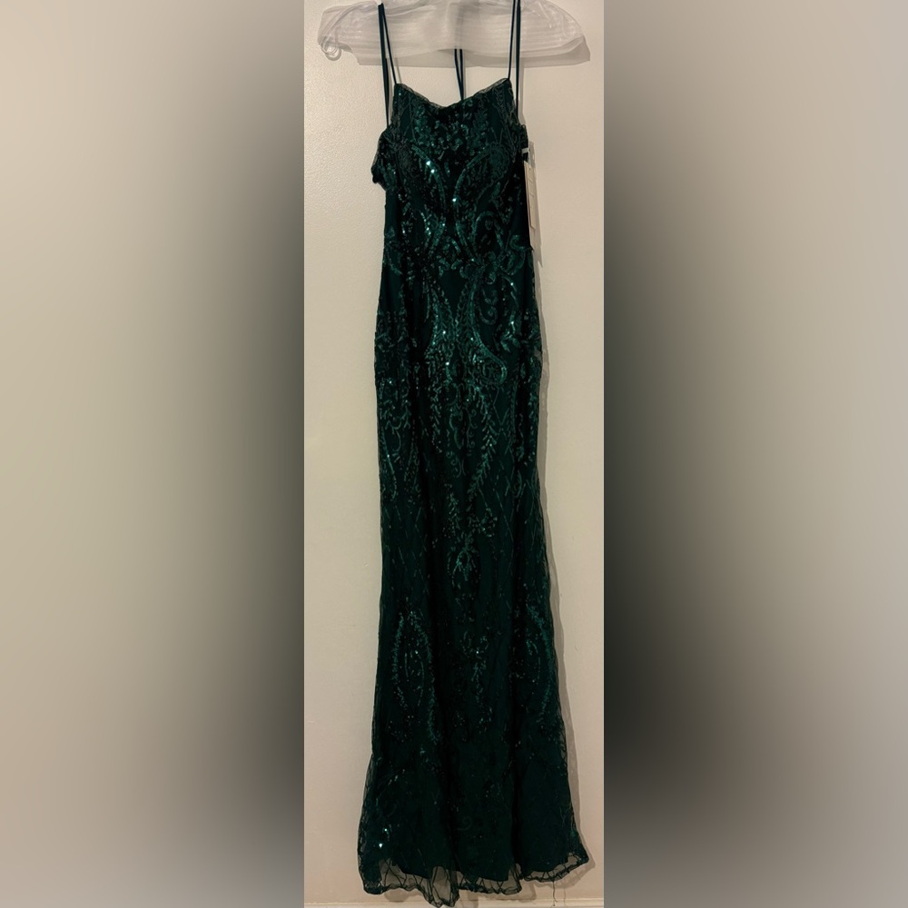 NWT PromGirl Statement Back Long Sequin Prom Dress in Forest Green Sz 4